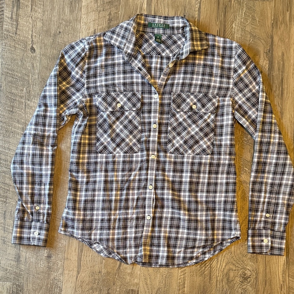 Lauren Ralph Lauren Women's Black and White Plaid Button Down Shirt - Size M